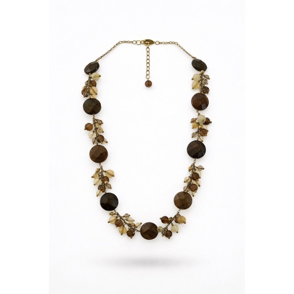 Natural Stone Beaded Statement Necklace Brown Champagne Gold Tone Adjustable